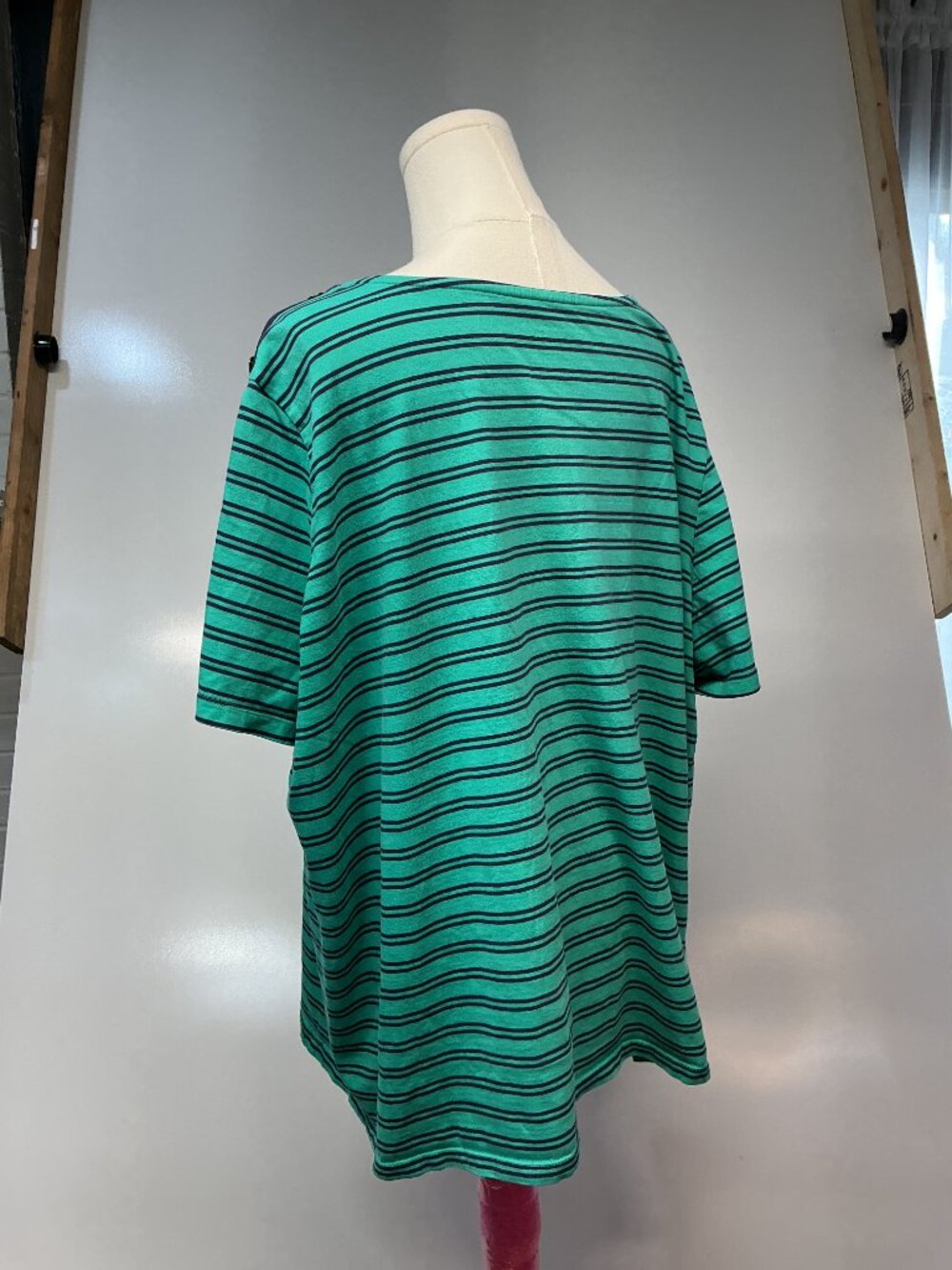 Coral Bay Woman 3X Green Navy Striped Cotton Top Button Shoulder Plus Size - Picture 8 of 10